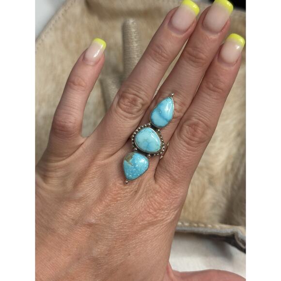 Long Native American Sterling Silver Blue Ridge Turquoise 3 Stone Ring Adjust - Picture 1 of 11